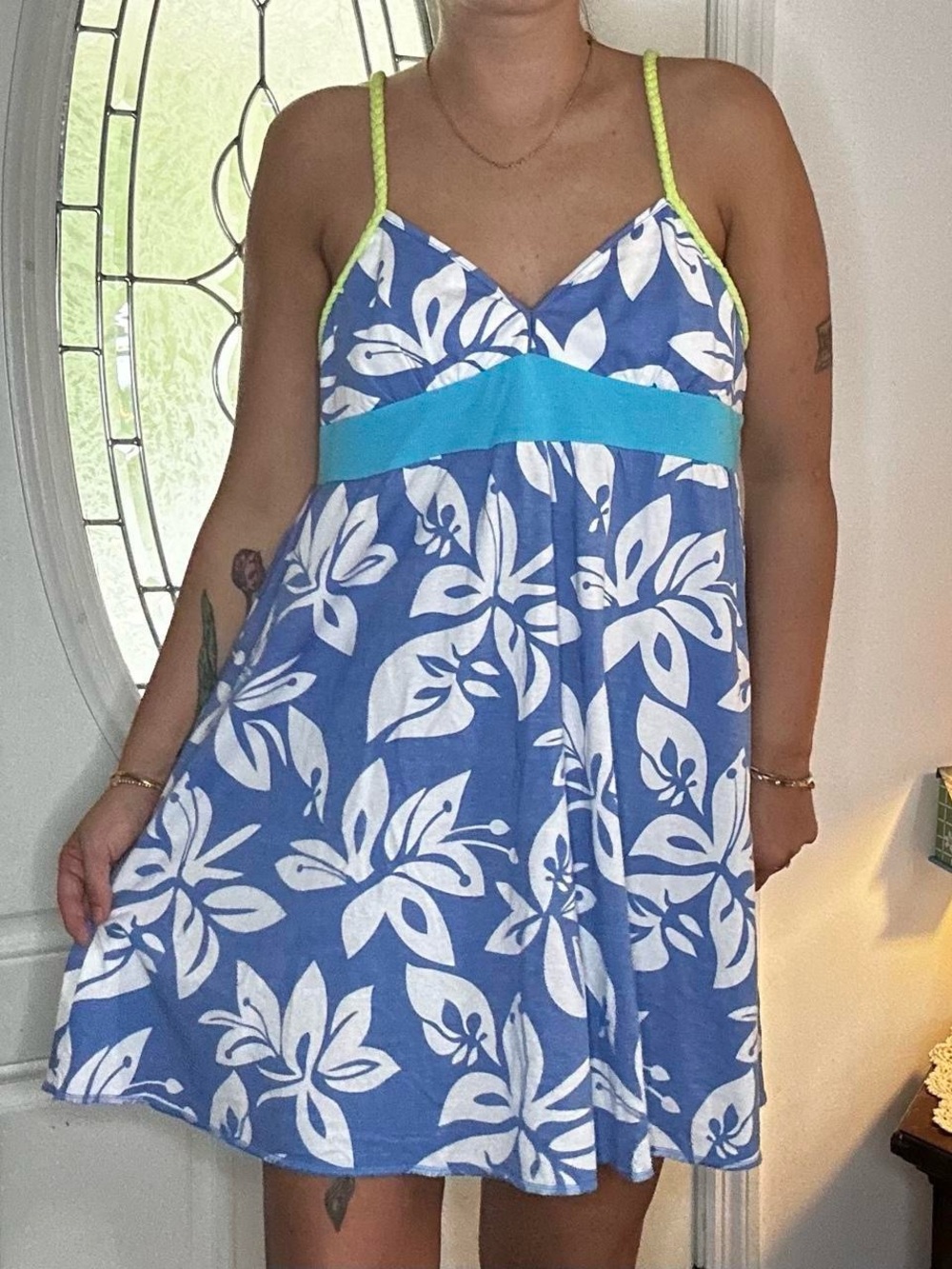 Fruit of the Loom Blue & White Floral Mini Dress with Green Straps